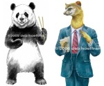 Animal character art. Happy Panda pencil drawing enhanced digitally used for POP in liquor store and on wine label.  Weasel Accountant used for Workers Injury Law & Advocacy Group Campaign.