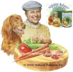 One of six product packaging illustrations for Natural Balance Dog Food. Illustrations painted with watercolor and pastel as separate sections delivered as digital layered files. Dick Van Patten portrait created and costumed for different nationalities with appropriate dog and ingredients in separate layers.