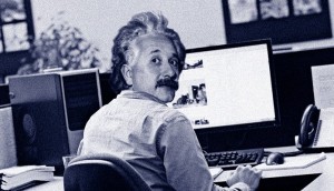 Albert Einstein at his computer in his zone.
